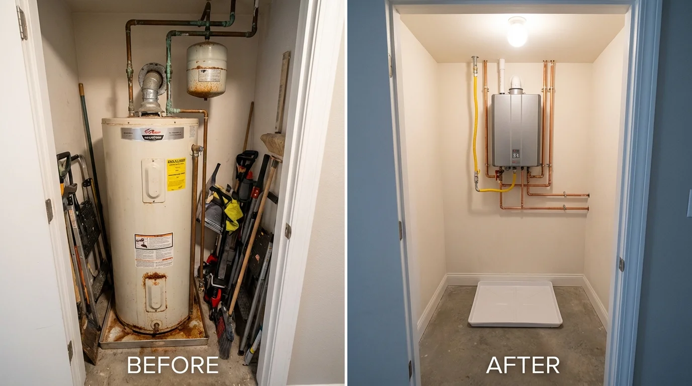 Tank water heater versus wall-mounted tankless unit comparison for Riverdale, CA homeowners