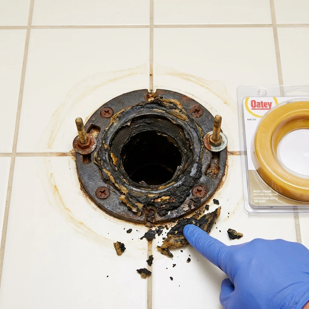 Failed wax ring showing water seepage at the base of a toilet in a Riverdale, CA home