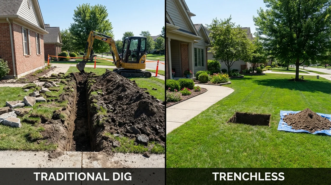 Trenchless sewer repair with minimal yard damage versus traditional excavation in Riverdale, CA
